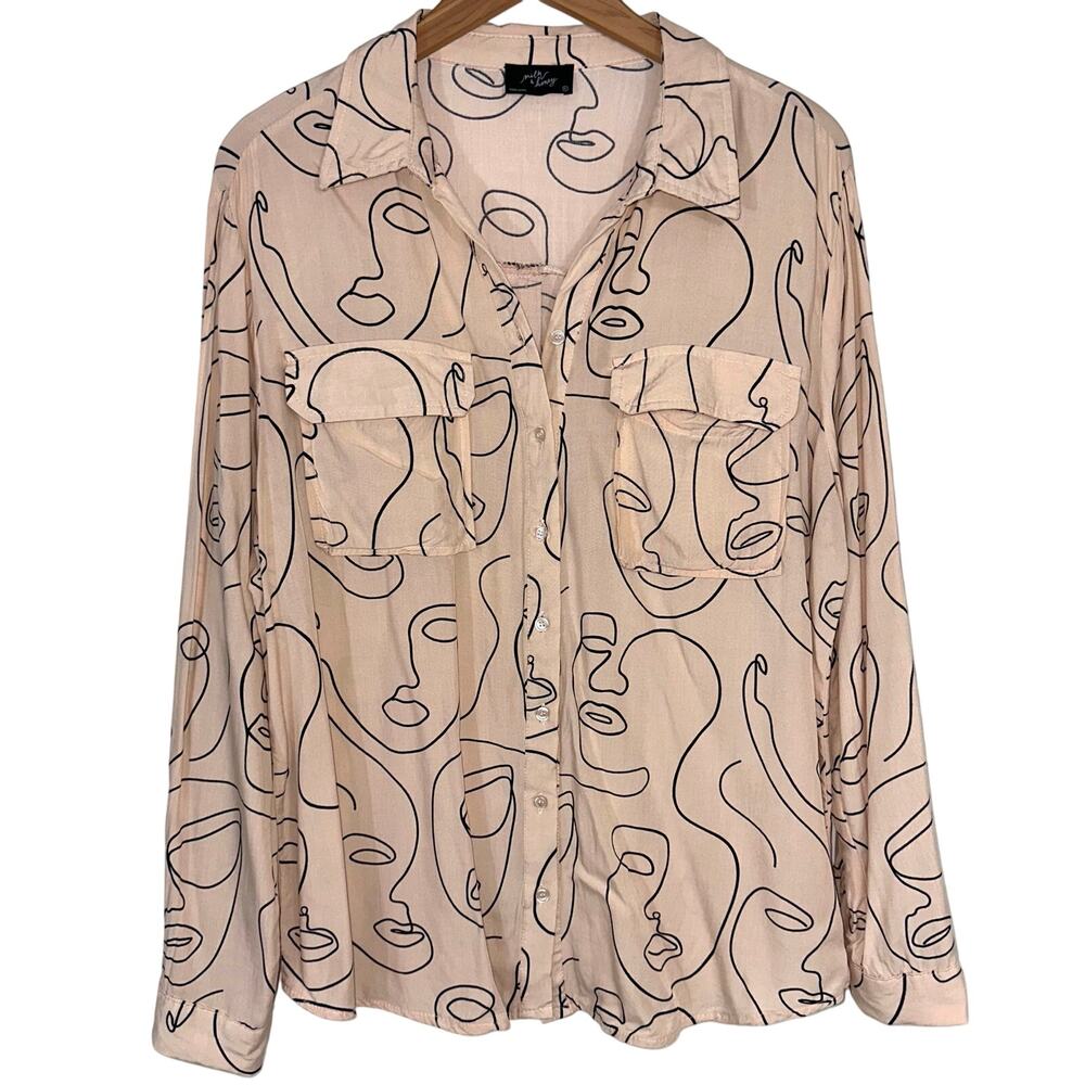 Milk & Honey Abtract Face Blush Pink Nude Long Sleeve Button Up Shirt Size 1X